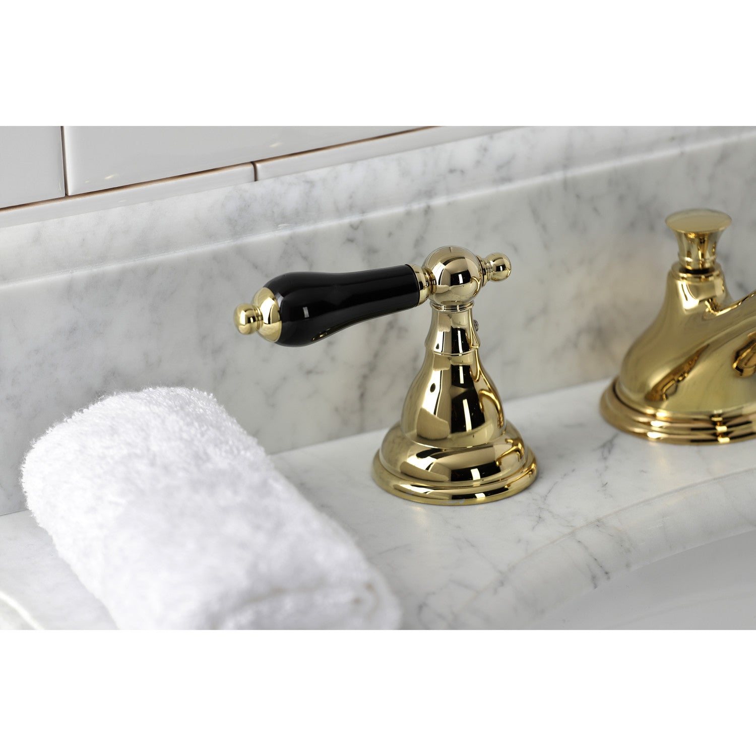 Kingston Heirloom KS5562PKL - Duchess Two-Handle 3-Hole Deck Mount Widespread Bathroom Faucet with Brass Pop-Up, Polished Brass — thumbnail 2